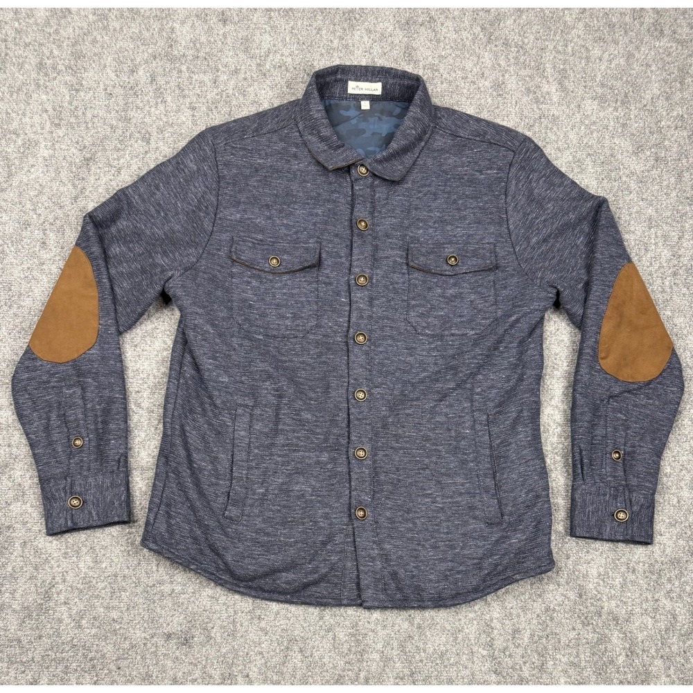 Peter Millar Mens Blue Knit Shirt Jacket Linen Blend Elbow Patches Camo Lining L